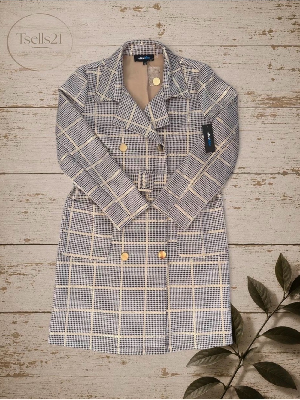 NWT Alice Blue Plaid Double-Breasted Trench Coat with Belt - Size L